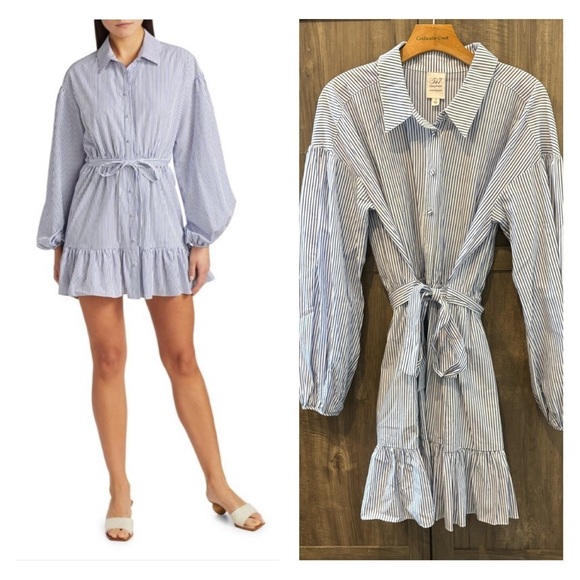 Cinq A Sept Kelly Striped Shirt Dress Mini Belted Tiered Ruffle Hem Cocktail - Picture 1 of 13